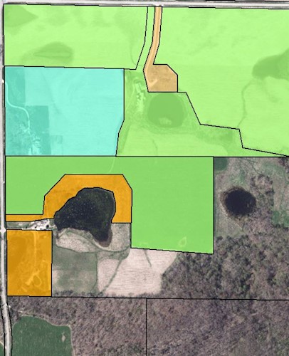 An aerial photo with a zoning overlay