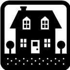 a black and white image of a house with door and windows used as a logo